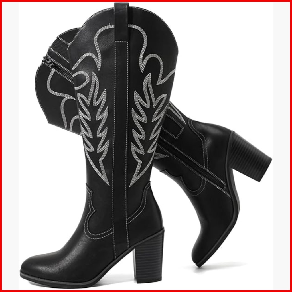 Extra Wide Calf Knee High Cowboy Boots Chunky Heel Western Boots